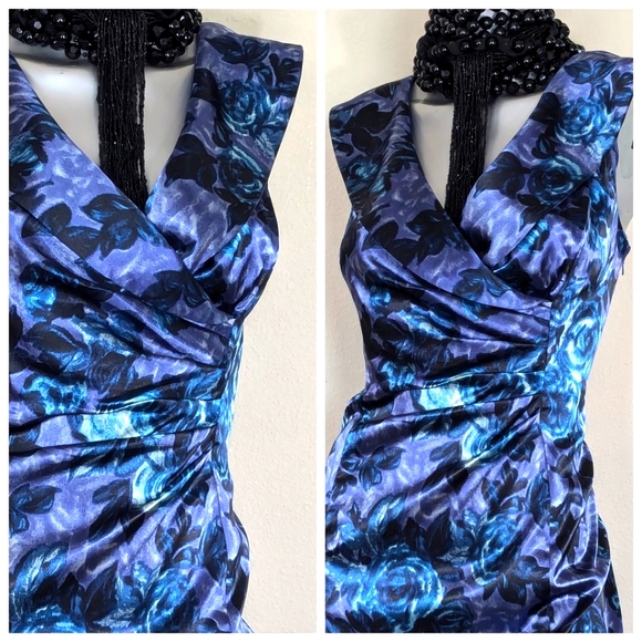 ReTro Floral Academia Vibrant Evening Cocktail Ruching Sleeveless Midi Dress - Picture 5 of 9